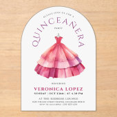 白モダンピンクカリンプリンセスドレスウォーター色 アクリル招待状 (正面)