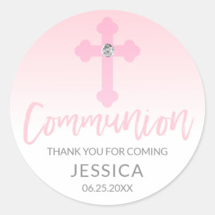白モダンピンククロスCOMMUNION Girl Thank You ラウンドシール