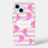 白モダンピンクストライプのエンジェルパーソナライズされた魚 Case-Mate iPhoneケース (裏面)
