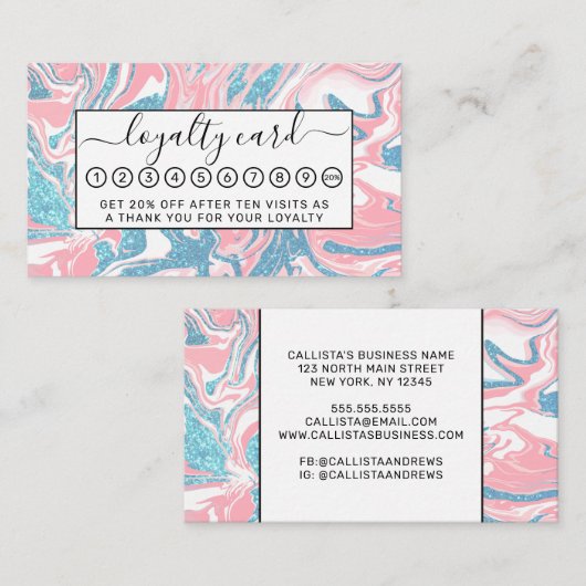 白モダンピンクブルーグリッターマーブル ロイヤリティカード (正面/裏面)
