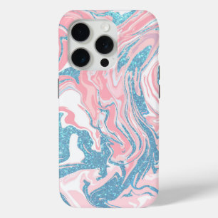 白モダンピンクブルーグリッターマーブル iPhone 15 PROケース