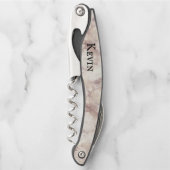 白モダンフェイクとバラが大理石製パーソナライズされた ソムリエナイフ (正面)