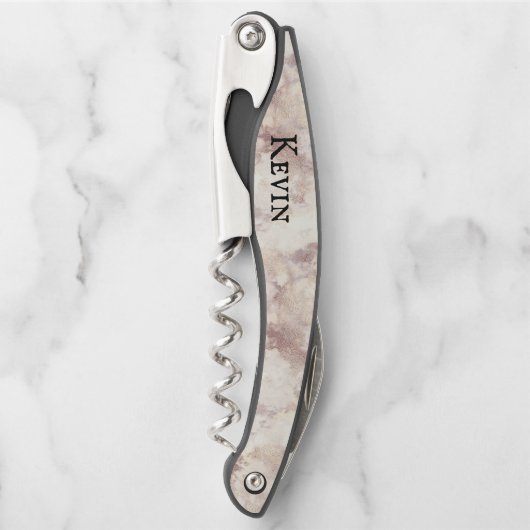 白モダンフェイクとバラが大理石製パーソナライズされた ソムリエナイフ (正面)