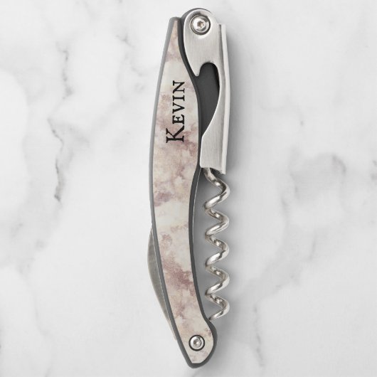 白モダンフェイクとバラが大理石製パーソナライズされた ソムリエナイフ (裏面)
