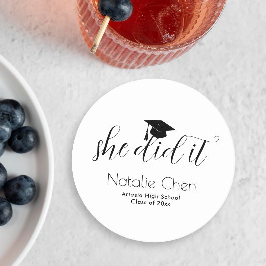 白モダンフォントエレガント卒業 ラウンドペーパーコースター