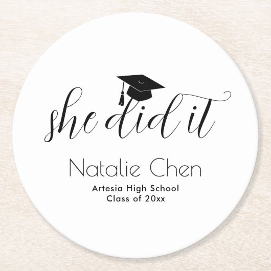 白モダンフォントエレガント卒業 ラウンドペーパーコースター (正面)