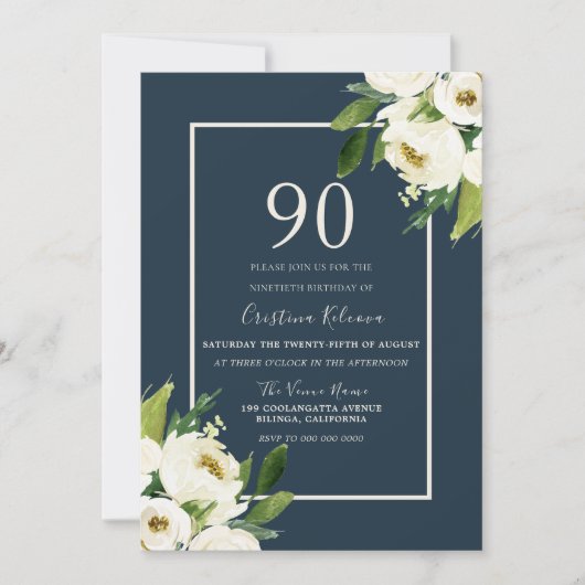 白モダンフローラエレガントグリーンリー90誕生日 招待状 (正面)