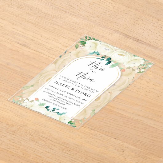 白モダンフローラガーデンスペインのジェンダー表示 アクリル招待状 (レイダウン)