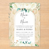白モダンフローラガーデンスペインのジェンダー表示 アクリル招待状 (正面)
