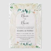 白モダンフローラガーデンスペインのジェンダー表示 ベラム紙招待状 (正面)