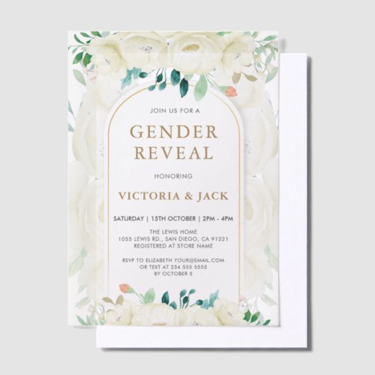 白モダンフローラガーデン性別の表示 ベラム紙招待状 (オフセット)