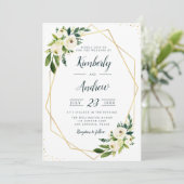 白モダンフローラグリーンと金ゴールド幾何結婚図形 招待状 (スタンド正面)