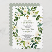 白モダンフローラリース聖餐式 招待状 (正面/裏面)