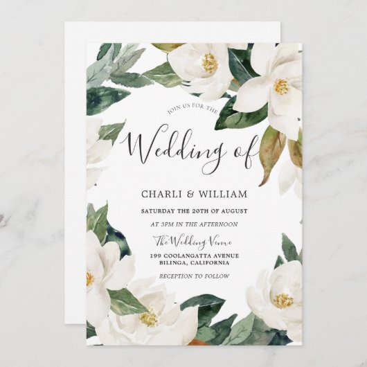 白モダンフローラリーフリースグリーンリー結婚ズ 招待状 (正面/裏面)