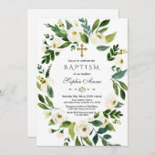 白モダンフローラ牡丹リースバプテスマ 招待状 (正面/裏面)