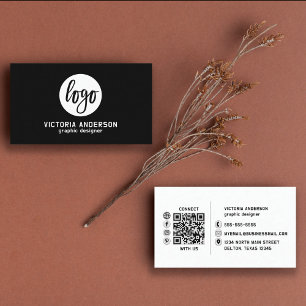 白モダンミニマルと黒のロゴQRコード 名刺