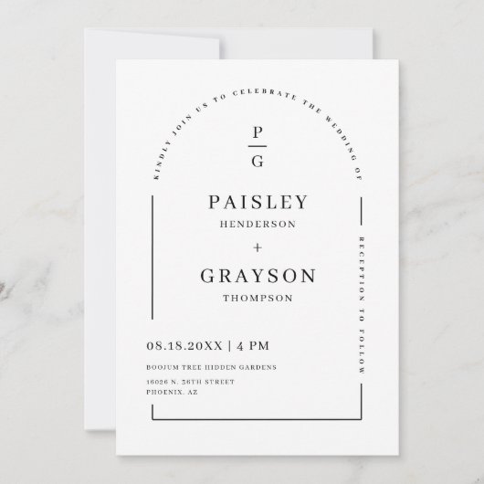 白モダンミニマルアーチQRコード結婚の写真 招待状 (正面)