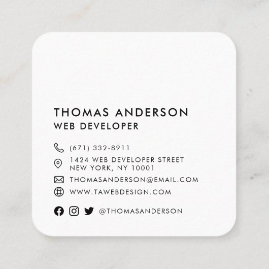 白モダンミニマルカスタムQRコードSNS スクエア名刺 (裏面)