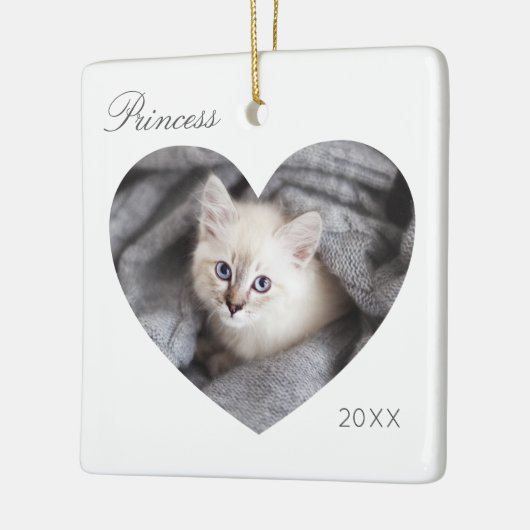 白モダンミニマルハートフレーム猫の写真 セラミックオーナメント (左)