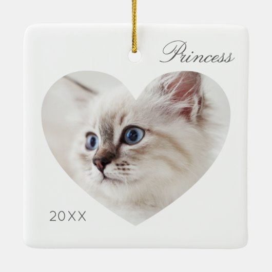 白モダンミニマルハートフレーム猫の写真 セラミックオーナメント (裏面)