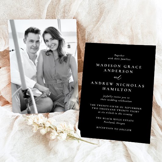 白モダンミニマル黒の写真結婚 招待状
