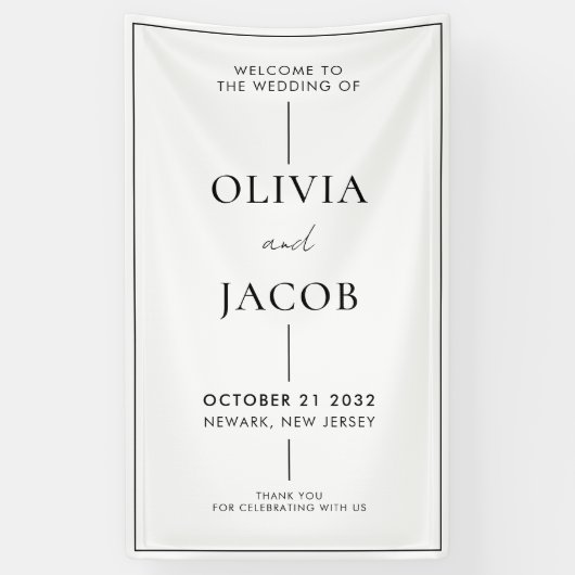 白モダンミニマル黒の結婚歓迎 横断幕 (縦)