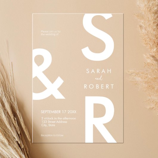 白モダンモノグラ結婚ム アクリル招待状