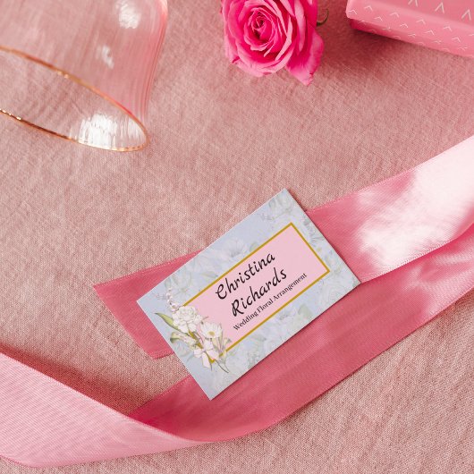 白モダンローズブルーフローラロゴ 名刺