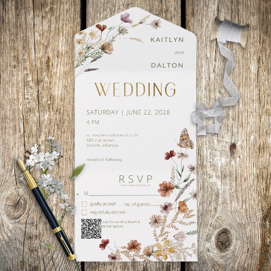 白モダンワイルドフラワーブーケQRコード オールインワン招待状