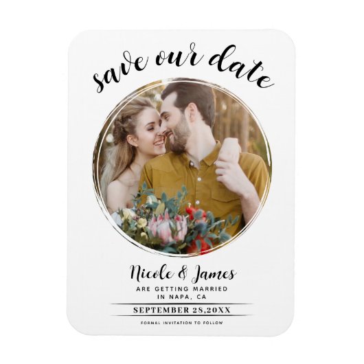 白モダン丸の写真日付の保存 マグネット (縦)