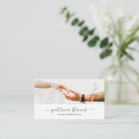 白モダン写真家スクリプトタイポグラフィ写真 名刺 (スタンド正面)