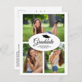 白モダン卒業3枚フォトコラージュ インビテーションポストカード (正面/裏面)