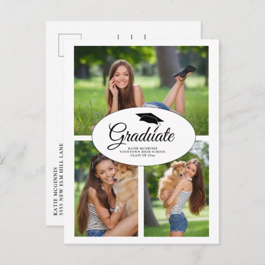 白モダン卒業3枚フォトコラージュ インビテーションポストカード (正面/裏面)