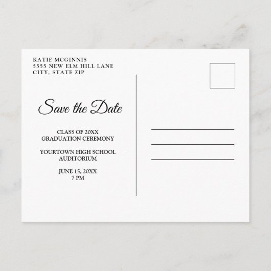 白モダン卒業3枚フォトコラージュ インビテーションポストカード (裏面)