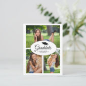 白モダン卒業3枚フォトコラージュ インビテーションポストカード (スタンド正面)