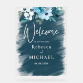白モダン塵の青いフローラ結婚の歓迎 アクリルサイン (正面)