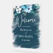 白モダン塵の青いフローラ結婚の歓迎 アクリルサイン (傾斜)