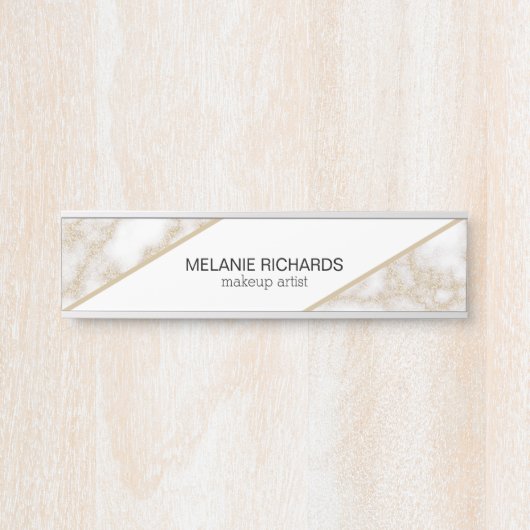 白モダン大理エレガント石金ゴールドグリッター名 サインプレート (正面)