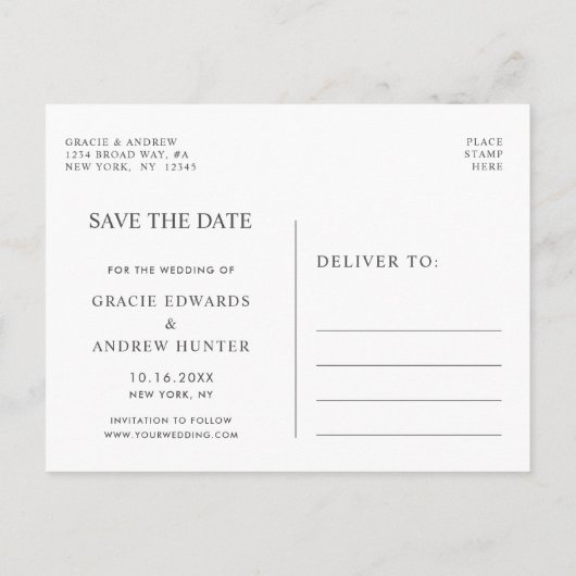 白モダン大理石の日付の保存 案内ポストカード (裏面)