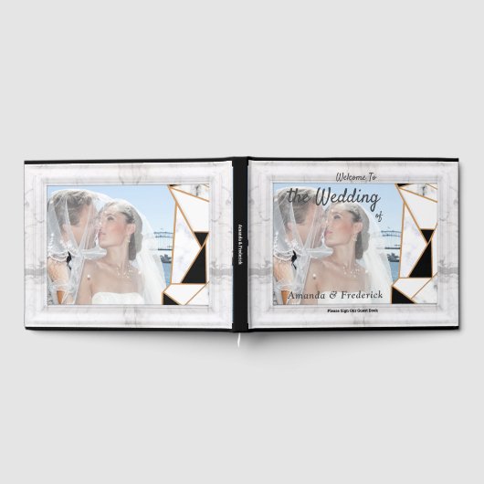 白モダン大理石の黒金ゴールド抽象芸術 ゲストブック (全面)