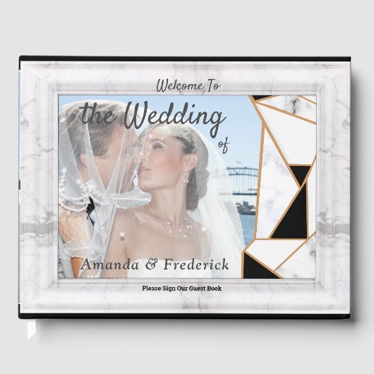白モダン大理石の黒金ゴールド抽象芸術 ゲストブック (正面)