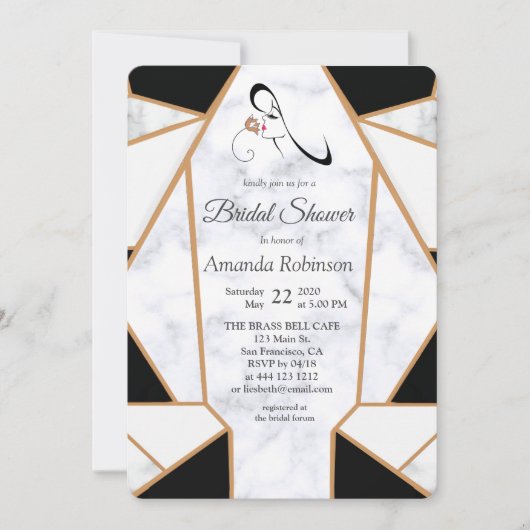 白モダン大理石の黒金ゴールド抽象芸術 招待状 (正面)