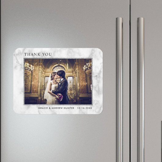 白モダン大理石シルバーグリッターありがとう写真 マグネット