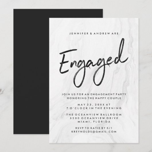 白モダン大理石スクリプト |婚約パーティ 招待状 (正面/裏面)
