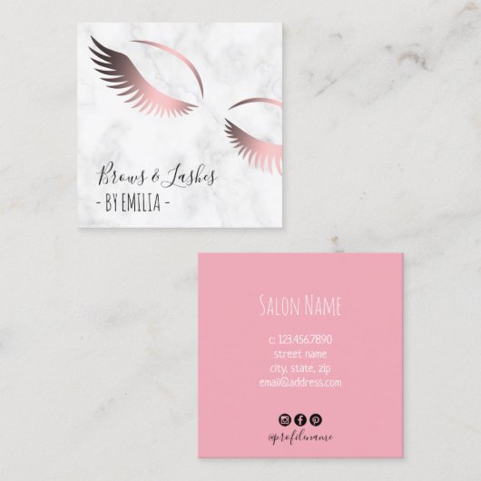 白モダン大理石バラ金ゴールド眉とまつげ スクエア名刺 (正面/裏面)