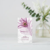 白モダン大理石パープルピーコックフェザー 名刺 (スタンド正面)