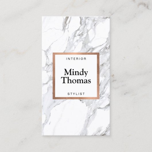 白モダン大理石フェイクバラ金ゴールド枠 名刺 (正面)