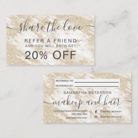 白モダン大理石ヘアメイクアップ金ゴールドグリッター 紹介カード (正面/裏面)