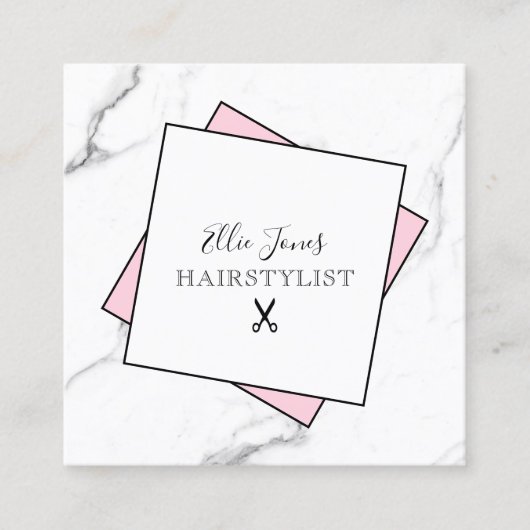白モダン大理石ミニマルとピンクのヘアスタイリスト スクエア名刺 (正面)