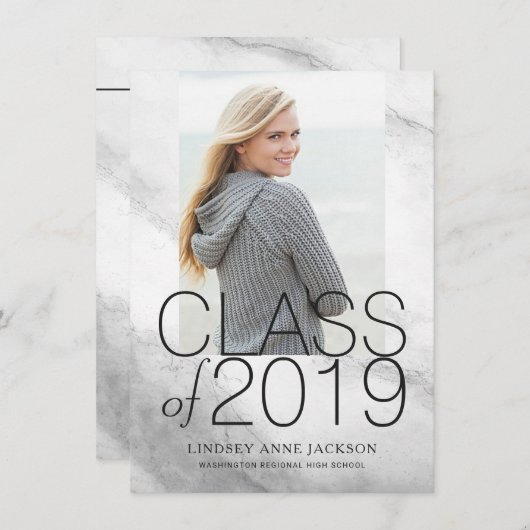 白モダン大理石積み文字卒業写真 案内状 (正面/裏面)